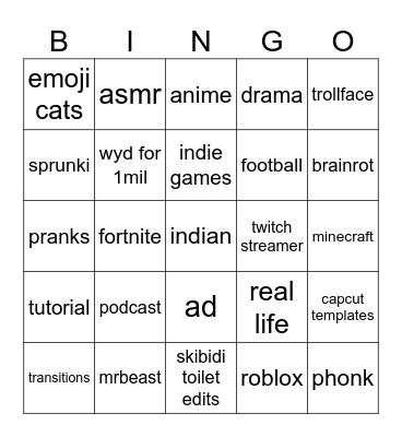 yt shorts bingo Card