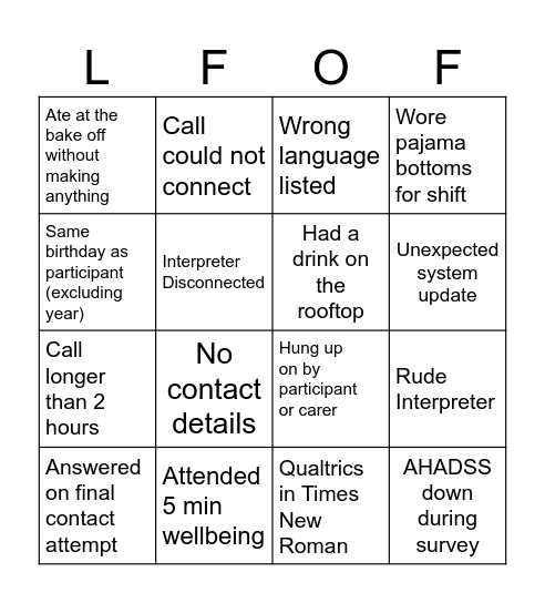 LFOF BINGO Card