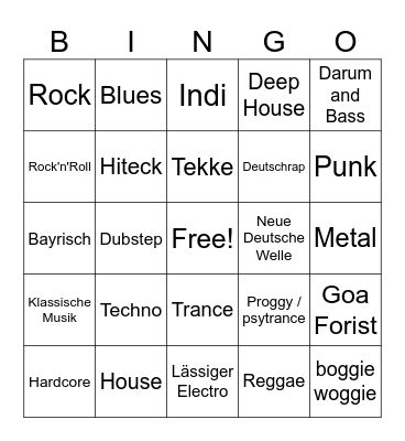 Musikrichtungen Bingo Card