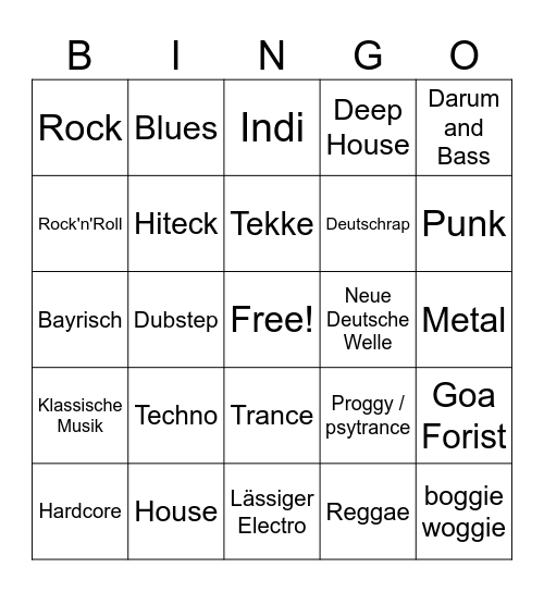 Musikrichtungen Bingo Card