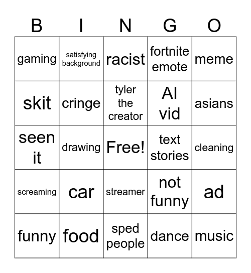 yt shorts Bingo Card