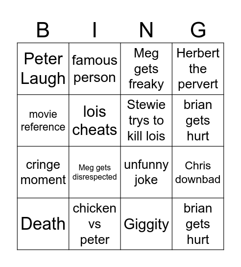 family guy Bingo Card