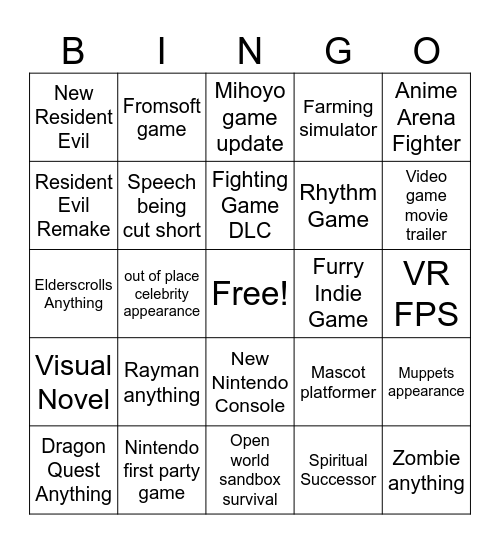 Game Awards 2024 Bingo Card