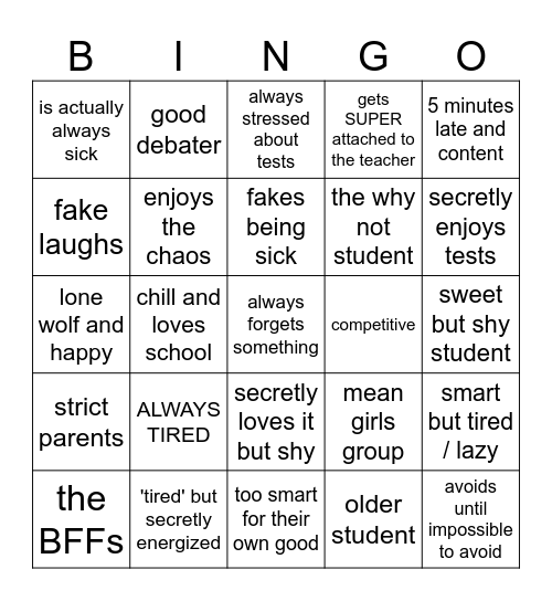 TYPES OF STUDENTS / behaviours Bingo Card