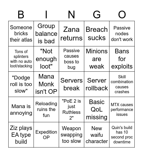 PoE Early Access Bingo Card