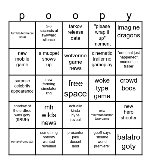 2024 game awards bingo Card