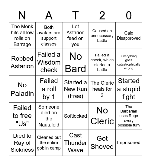 BG3 Challenge Bingo Card