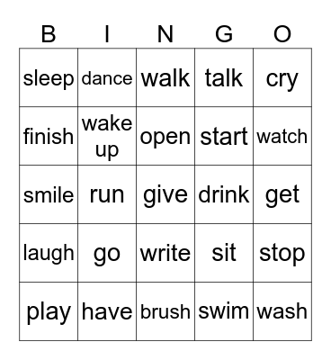 Verbs Bingo Card