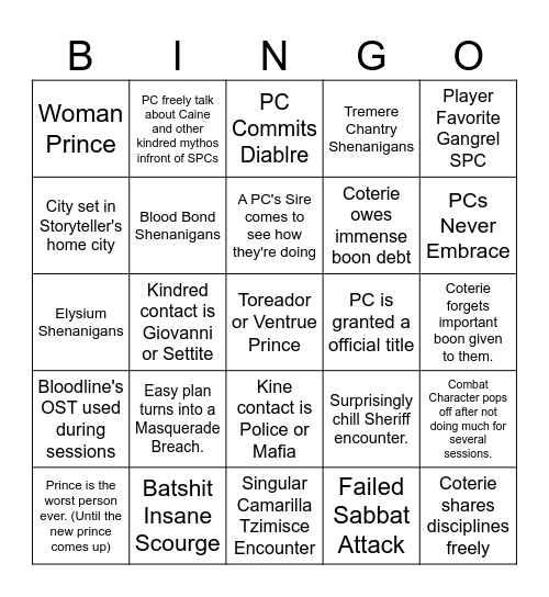 Camarilla Bingo Card Bingo Card