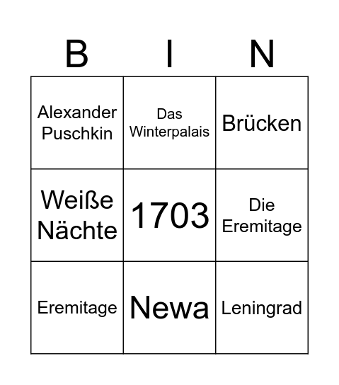St. Petersburg Bingo Card