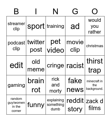 youtube Bingo Card