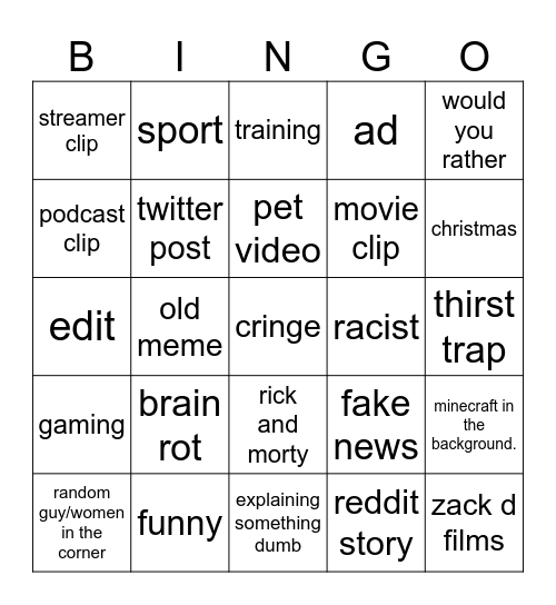 youtube Bingo Card