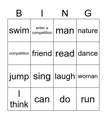 Vocabulary revision Bingo Card
