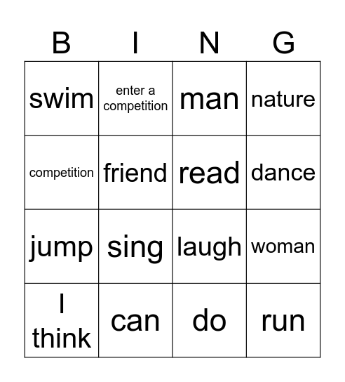 Vocabulary revision Bingo Card