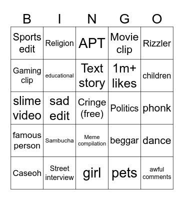 Youtube Shorts November 2024 Bingo Card