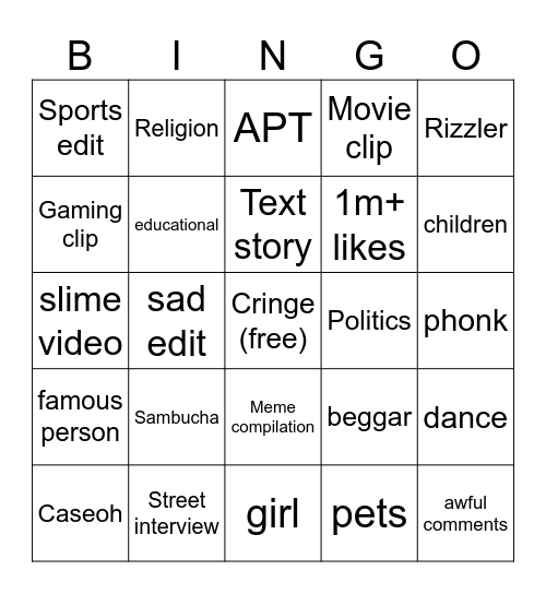 Youtube Shorts November 2024 Bingo Card