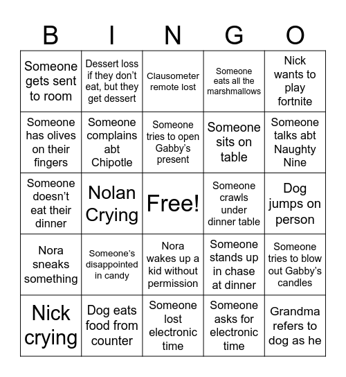 Parker House Bingo Card
