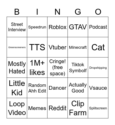 youtube shorts Bingo Card