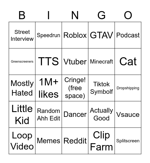 youtube shorts Bingo Card