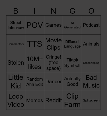 youtube shorts Bingo Card