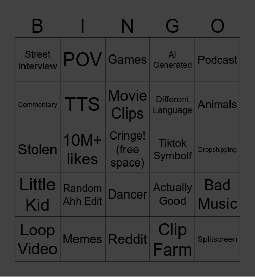 youtube shorts Bingo Card