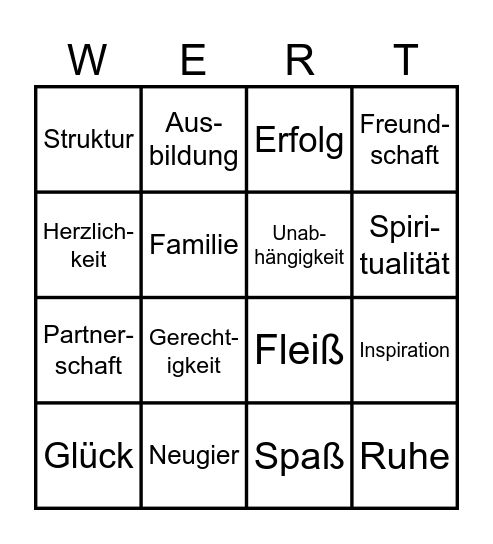 Werte Bingo Card