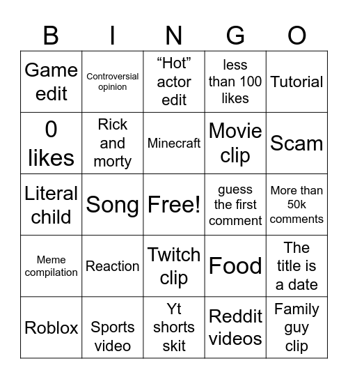 YouTube shorts Bingo Card