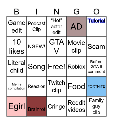YouTube shorts Bingo Card