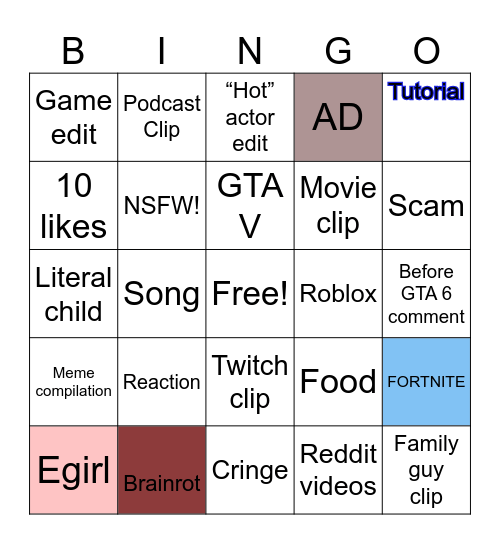 YouTube shorts Bingo Card