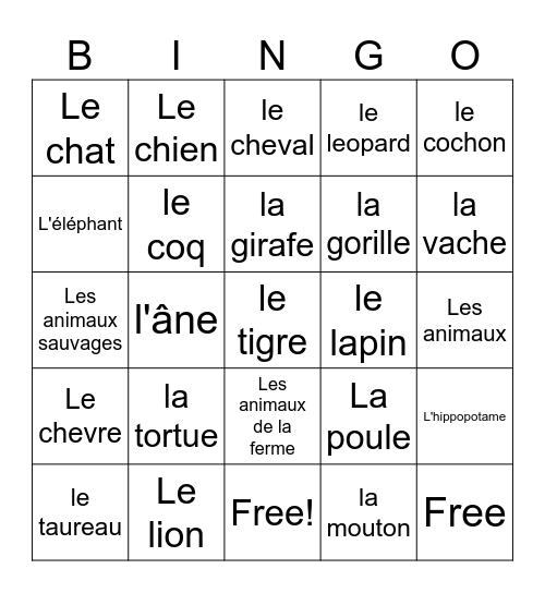 Les animaux! Bingo Card