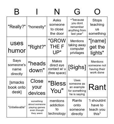 Mr.Raynor Bingo Card