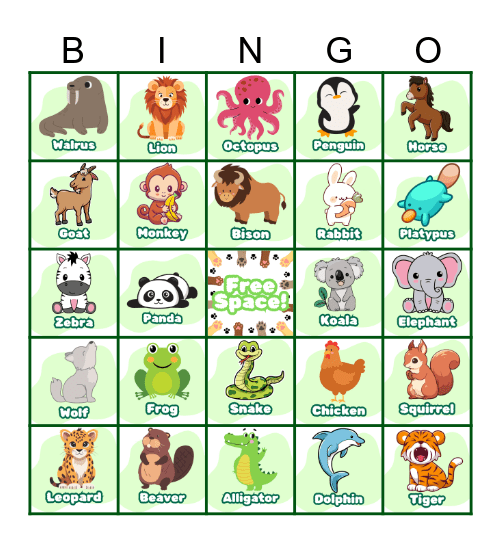 Animal Bingo Card