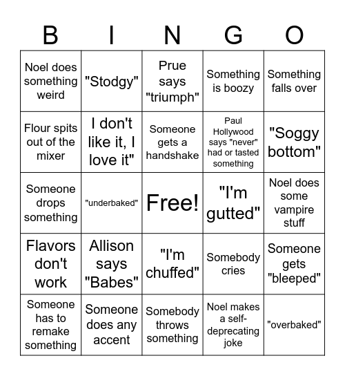 Bake off Bingo Card