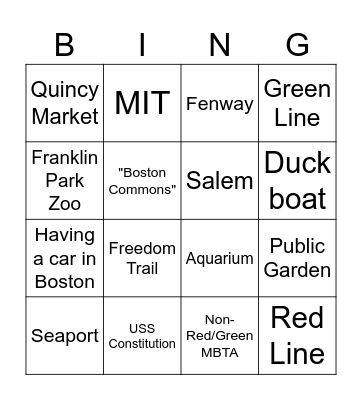 Boston Travel Vlog Bingo Card