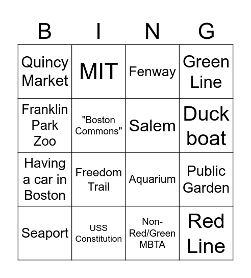 Boston Travel Vlog Bingo Card