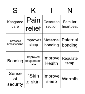 Kangaroo Care Bingo Card