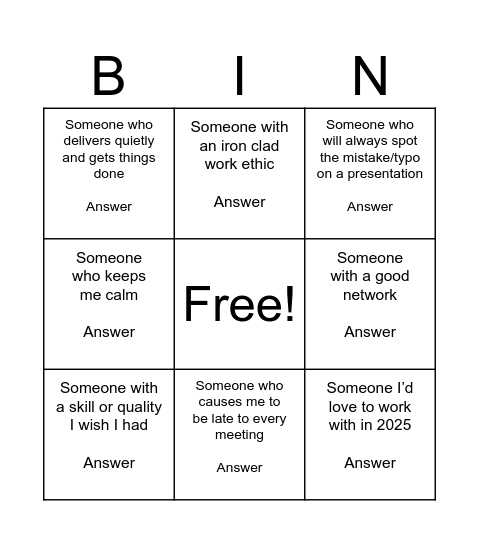 Recognition Bingo Card