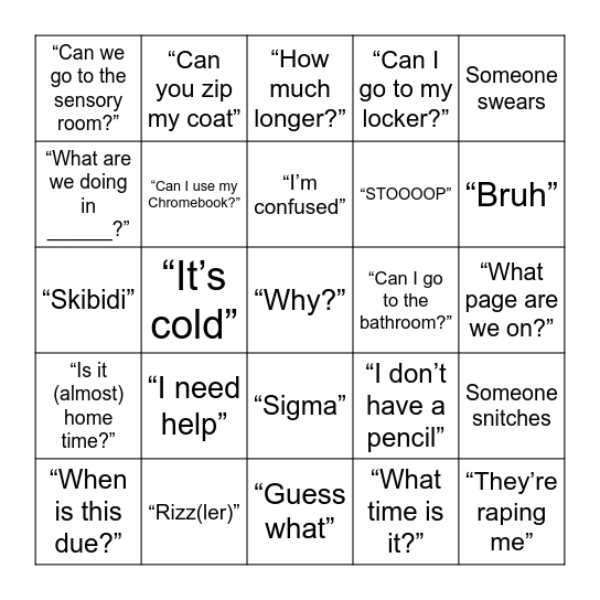 Student Bingo Card