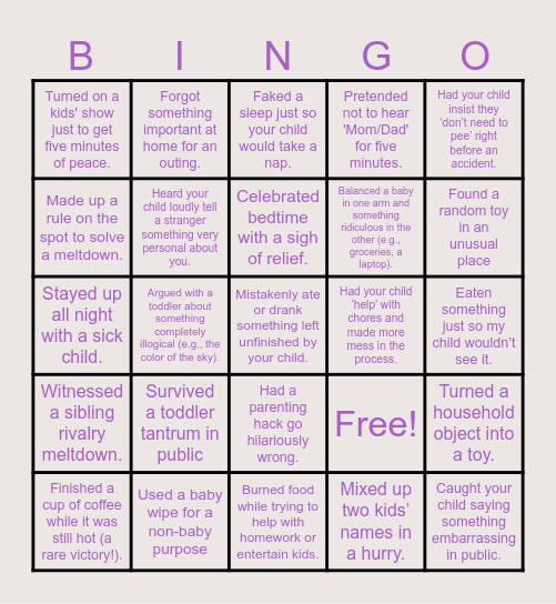 Parent Shakers' Fun Bingo Card