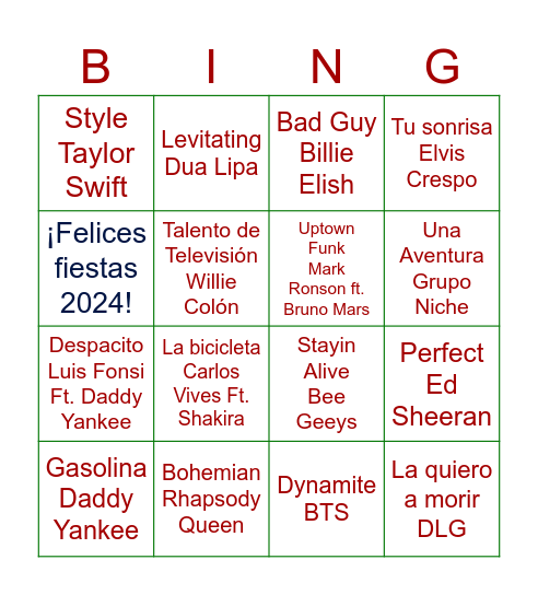 Bingo Musical Bingo Card