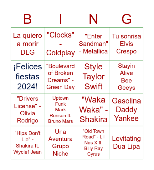 Bingo Musical Bingo Card