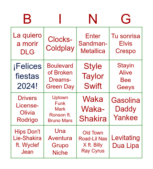 Bingo Musical Bingo Card