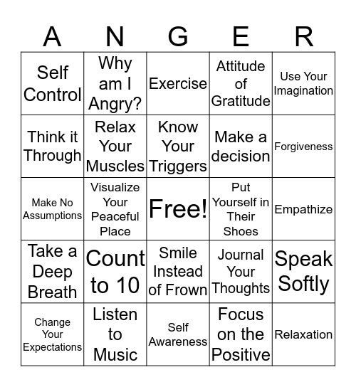 POSITIVE WAYS TO HANDLE TO YOUR ANGER Bingo Card
