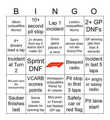 F1 Bingo - Qatar 2024 Bingo Card