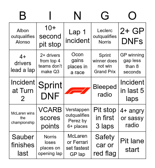 F1 Bingo - Qatar 2024 Bingo Card