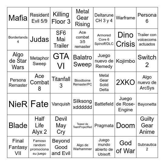 TGA 2024 Bingo Card