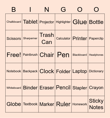 Classroom-related Vocabulary Items Bingo Card