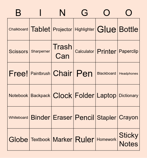 Classroom-related Vocabulary Items Bingo Card