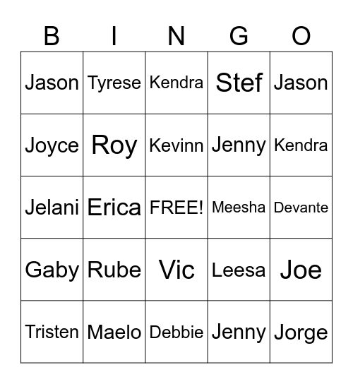 FAMILY NAMES Bingo Card