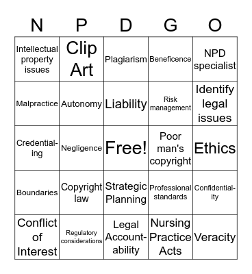 Ethical and Legal issues in NPD Bingo Card